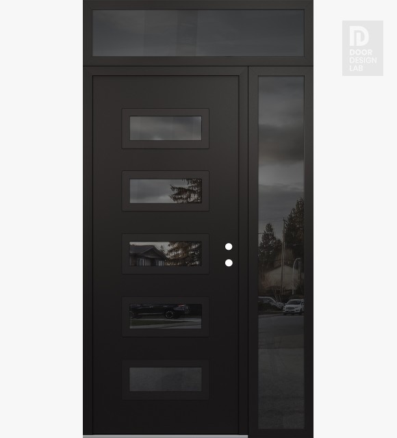 Modern Steel Front Door Diamond D1 48" x 96" black/black mirrored Glass Panel black LHI with Sidelite and Transom mirrored Glass