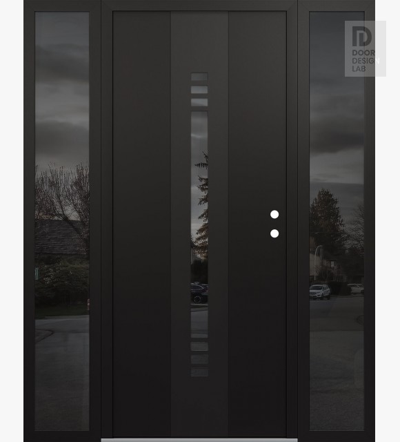 Modern Steel Front Door DIAMOND A5 64" X 80" BLACK/BLACK MIRRORED GLASS PANEL BLACK LHI WITH 2 SIDELITES MIRRORED GLASS