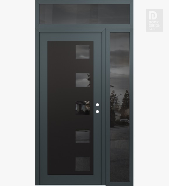 Modern Steel Front Door Diamond C5 52" x 96" anthracite/anthracite mirrored Glass Panel black LHI with Sidelite and Transom mirrored Glass