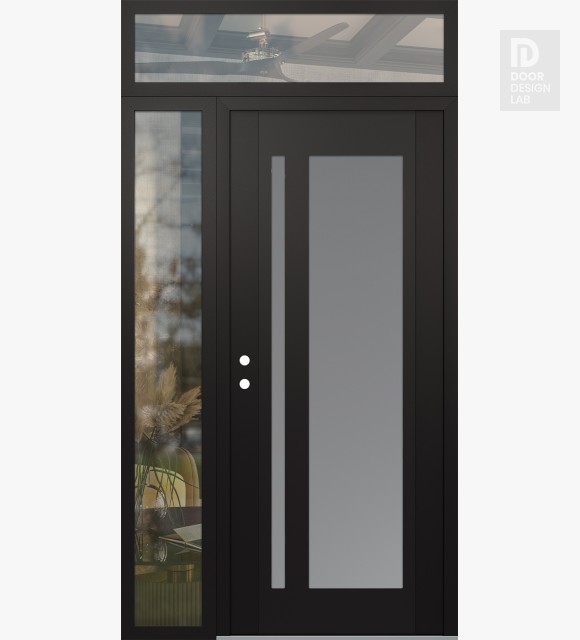Modern Steel Front Door Diamond C15 52" x 96" black/white frosted Glass Panel black RHI with Sidelite and Transom clear Glass