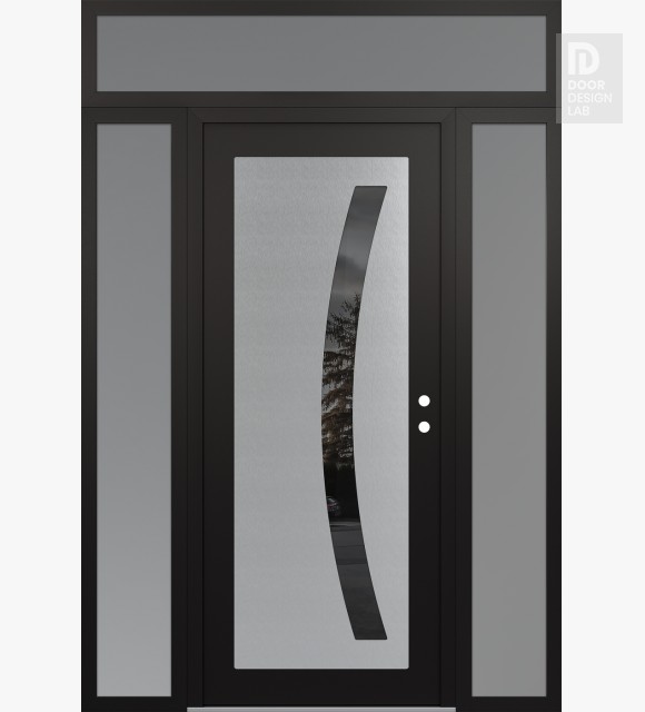 Modern Steel Front Door Diamond C4 68" x 96" black/black mirrored Glass Panel stainless steel LHI with 2 Sidelites and Transom frosted Glass