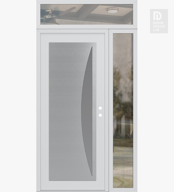 Modern Steel Front Door Diamond C13 48" x 96" white/white frosted Glass Panel stainless steel LHI with Sidelite and Transom clear Glass