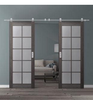 DOUBLE BARN DOOR PALLADIO 10 LITE VETRO GRAY OAK 56" X 84" X 1 9/16" TEMPERED FROSTED GLASS STAINLESS STEEL HARDWARE