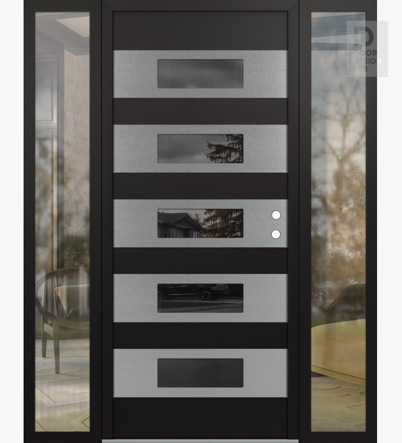Modern Steel Front Door Diamond D5 64" x 80" black/black mirrored Glass Panel stainless steel LHI with 2 Sidelites clear Glass