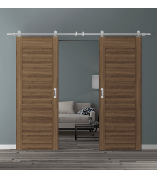 DOUBLE BARN DOOR LOUVER PECAN NUTWOOD 72" X 80" X 1 3/4" STAINLESS STEEL HARDWARE