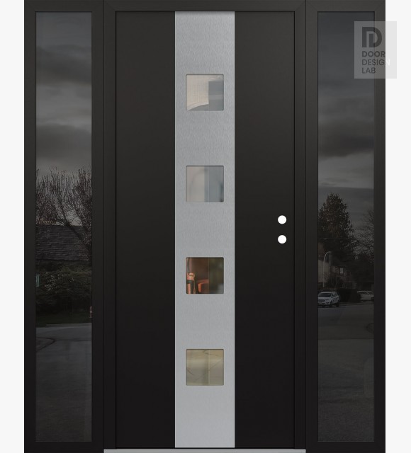 Modern Steel Front Door DIAMOND A12 68" X 80" BLACK/BLACK CLEAR GLASS PANEL STAINLESS STEEL LHI WITH 2 SIDELITES MIRRORED GLASS