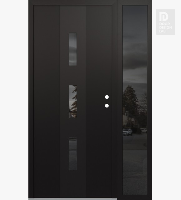 Modern Steel Front Door DIAMOND A7 52" X 80" BLACK/BLACK MIRRORED GLASS PANEL BLACK LHI WITH SIDELITE MIRRORED GLASS