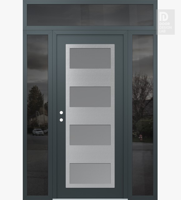 Modern Steel Front Door Diamond C2 60" x 96" anthracite/anthracite frosted Glass Panel stainless steel RHI with 2 Sidelites and Transom mirrored Glass
