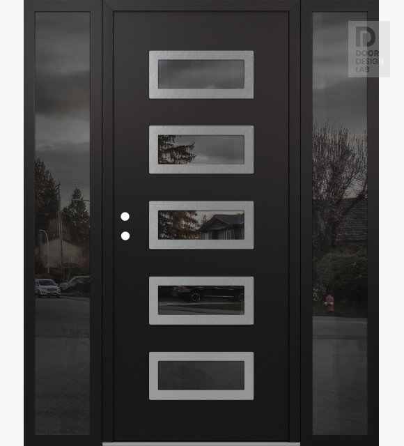 Modern Steel Front Door Diamond D1 68" x 80" black/black mirrored Glass Panel stainless steel RHI with 2 Sidelites mirrored Glass