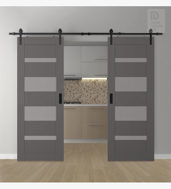 DOUBLE BARN DOOR AVON 07-01 VETRO GRAY MATTE 48" X 96" X 1 3/4" BLACK HARDWARE