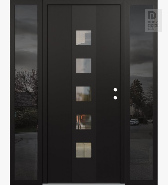 Modern Steel Front Door DIAMOND A13 60" X 80" BLACK/BLACK CLEAR GLASS PANEL BLACK LHI WITH 2 SIDELITES MIRRORED GLASS
