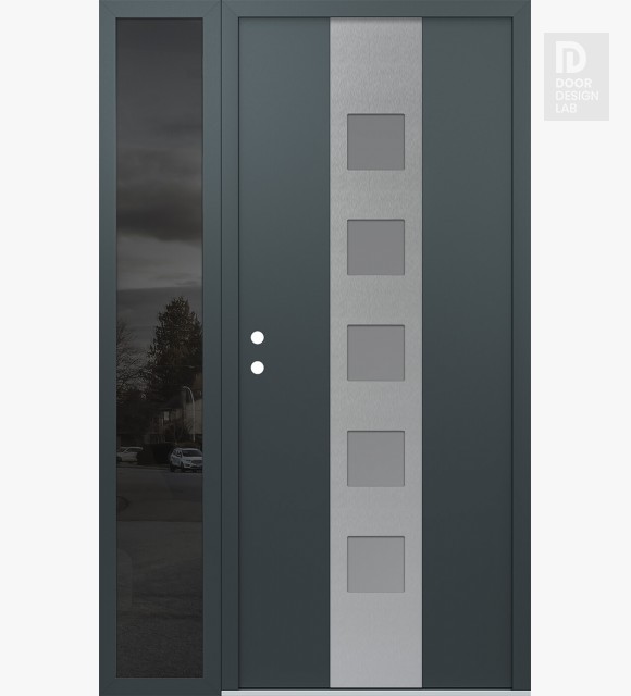 Modern Steel Front Door DIAMOND A13 48" X 80" ANTHRACITE/ANTHRACITE FROSTED GLASS PANEL STAINLESS STEEL RHI WITH SIDELITE MIRRORED GLASS