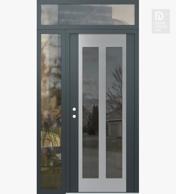 Modern Steel Front Door Diamond C14 50" x 96" anthracite/anthracite mirrored Glass Panel stainless steel RHI with Sidelite and Transom clear Glass