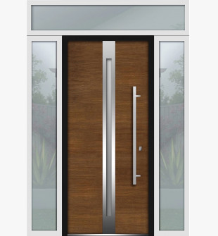 Front Exterior Prehung Steel Door / Deux 1744 Natural Oak / 2 Side and Top Exterior White Window / Stainless Inserts Single Modern Painted-W16+36+16" x H80+16"-Left-hand Inswing