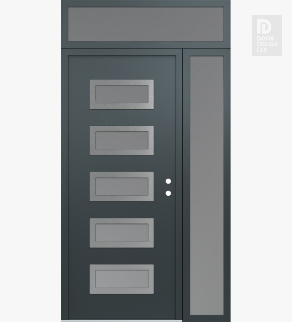 Modern Steel Front Door Diamond D1 52" x 96" anthracite/anthracite frosted Glass Panel stainless steel LHI with Sidelite and Transom frosted Glass