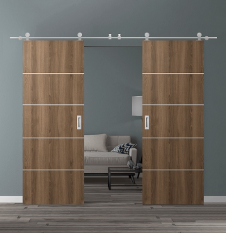DOUBLE BARN DOOR OPTIMA 4H PECAN NUTWOOD 60" X 80" X 1 3/4" SOLID CORE STAINLESS STEEL HARDWARE