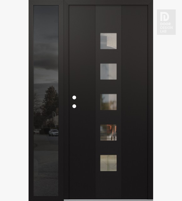 Modern Steel Front Door DIAMOND A13 48" X 80" BLACK/BLACK CLEAR GLASS PANEL BLACK RHI WITH SIDELITE MIRRORED GLASS