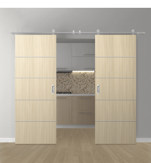 DOUBLE BARN DOOR OPTIMA 4H LOIRE ASH 56" X 84" X 1 3/4" SOLID CORE STAINLESS STEEL HARDWARE