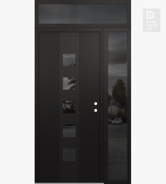Modern Steel Front Door DIAMOND A13 52" X 96" BLACK/BLACK MIRRORED GLASS PANEL BLACK LHI WITH SIDELITE AND TRANSOM MIRRORED GLASS