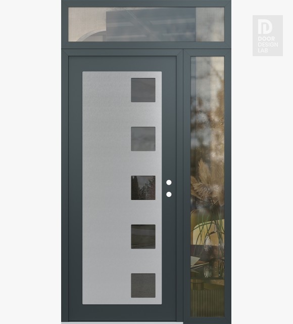 Modern Steel Front Door Diamond C5 52" x 96" anthracite/anthracite mirrored Glass Panel stainless steel LHI with Sidelite and Transom clear Glass