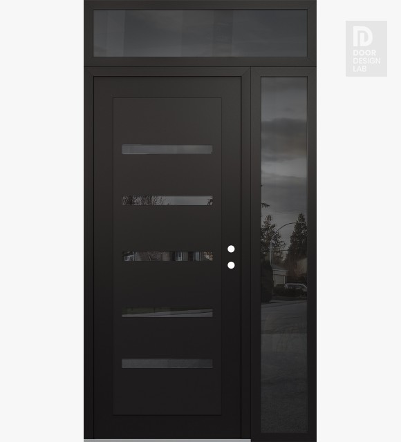 Modern Steel Front Door Diamond C7 52" x 96" black/black mirrored Glass Panel black LHI with Sidelite and Transom mirrored Glass