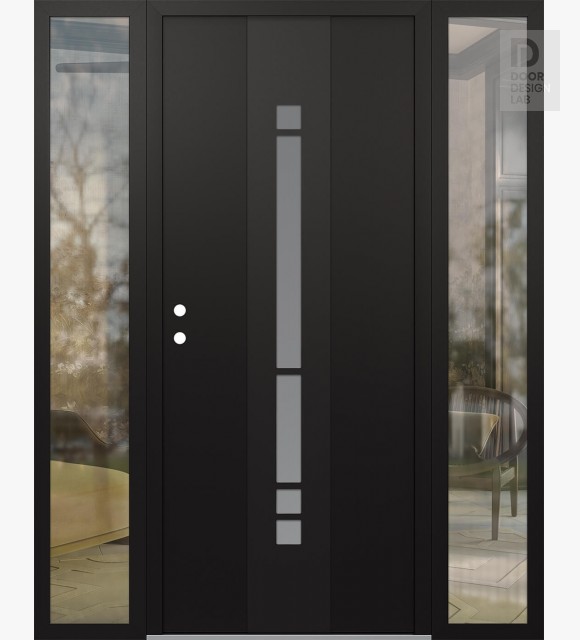 Modern Steel Front Door DIAMOND A3 64" X 80" BLACK/WHITE FROSTED GLASS PANEL BLACK RHI WITH 2 SIDELITES CLEAR GLASS