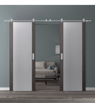 DOUBLE BARN DOOR PALLADIO 202 VETRO GRAY OAK 72" X 80" X 1 9/16" TEMPERED FROSTED GLASS STAINLESS STEEL HARDWARE