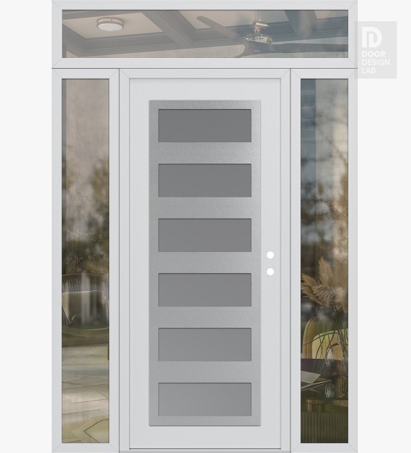Modern Steel Front Door Diamond C9 68" x 96" white/white frosted Glass Panel stainless steel LHI with 2 Sidelites and Transom clear Glass