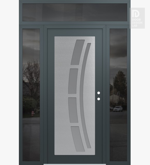 Modern Steel Front Door Diamond C12 60" x 96" anthracite/anthracite frosted Glass Panel stainless steel LHI with 2 Sidelites and Transom mirrored Glass