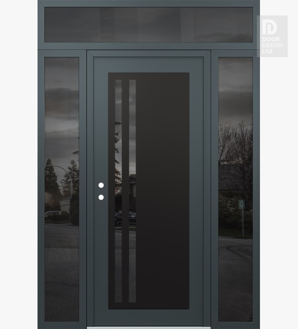 Modern Steel Front Door Diamond C6 64" x 96" anthracite/anthracite mirrored Glass Panel black RHI with 2 Sidelites and Transom mirrored Glass