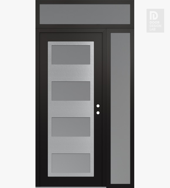 Modern Steel Front Door Diamond C2 48" x 96" black/white frosted Glass Panel stainless steel LHI with Sidelite and Transom frosted Glass