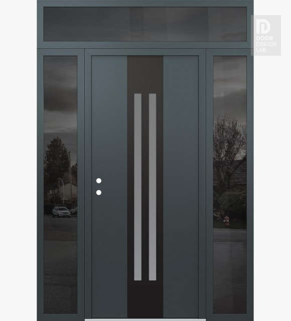 Modern Steel Front Door DIAMOND A8 68" X 96" ANTHRACITE/ANTHRACITE FROSTED GLASS PANEL BLACK RHI WITH 2 SIDELITES AND TRANSOM MIRRORED GLASS