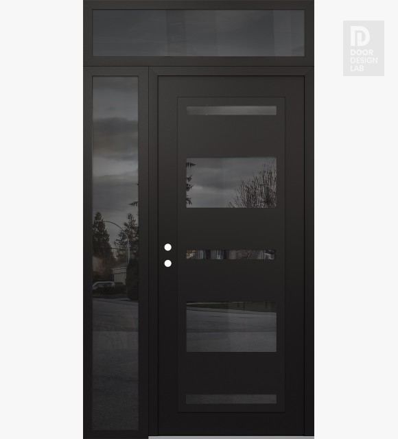 Modern Steel Front Door Diamond C10 48" x 96" black/black mirrored Glass Panel black RHI with Sidelite and Transom mirrored Glass