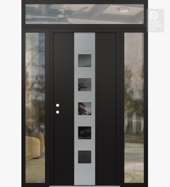 Modern Steel Front Door DIAMOND A13 60" X 96" BLACK/BLACK MIRRORED GLASS PANEL STAINLESS STEEL RHI WITH 2 SIDELITES AND TRANSOM CLEAR GLASS