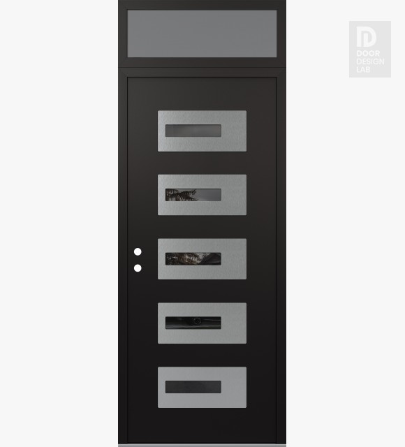 Modern Steel Front Door Diamond D6 36" x 96" black/black mirrored Glass Panel stainless steel RHI with Transom frosted Glass