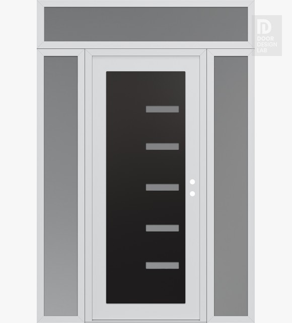 Modern Steel Front Door Diamond C8 64" x 96" white/white frosted Glass Panel black LHI with 2 Sidelites and Transom frosted Glass