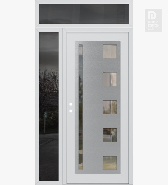 Modern Steel Front Door Diamond C3 48" x 96" white/white clear Glass Panel stainless steel RHI with Sidelite and Transom mirrored Glass