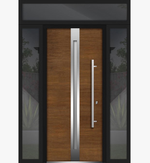 Brown Front Exterior Prehung Steel Door / Deux 1744 / 2 Side and Top Exterior Black Window / Stainless Inserts Single Modern Painted-W12+36+12" x H80+16"-Left-hand Inswing