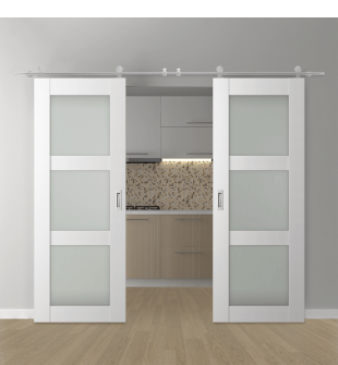 DOUBLE BARN DOOR PALLADIO 3 LITE VETRO BIANCO NOBLE 64" X 80" X 1 9/16" TEMPERED FROSTED GLASS STAINLESS STEEL HARDWARE