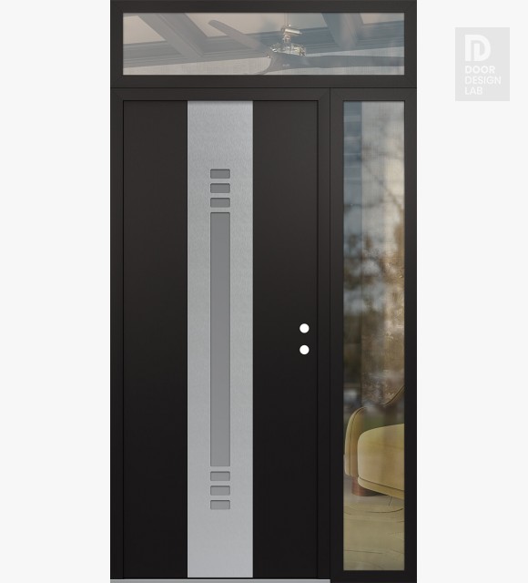 Modern Steel Front Door DIAMOND A5 50" X 96" BLACK/WHITE FROSTED GLASS PANEL STAINLESS STEEL LHI WITH SIDELITE AND TRANSOM CLEAR GLASS
