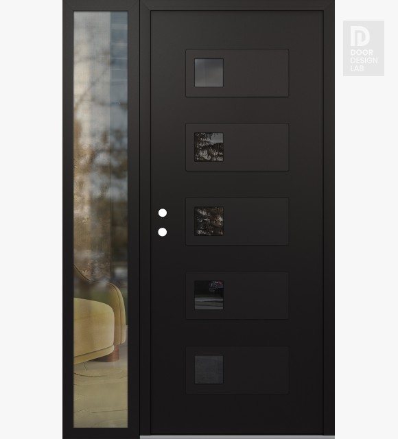 Modern Steel Front Door Diamond D2 52" x 80" black/black mirrored Glass Panel black RHI with Sidelite clear Glass