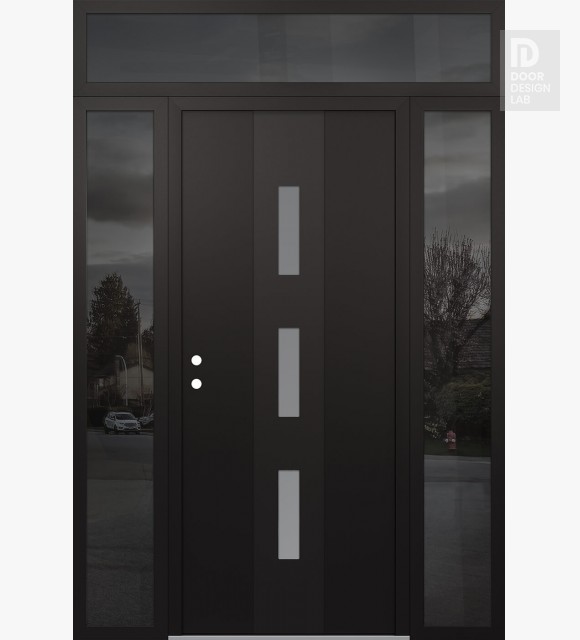 Modern Steel Front Door DIAMOND A7 68" X 96" BLACK/WHITE FROSTED GLASS PANEL BLACK RHI WITH 2 SIDELITES AND TRANSOM MIRRORED GLASS