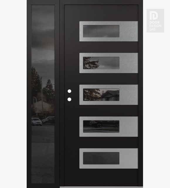 Modern Steel Front Door Diamond D3 48" x 80" black/black mirrored Glass Panel stainless steel RHI with Sidelite mirrored Glass
