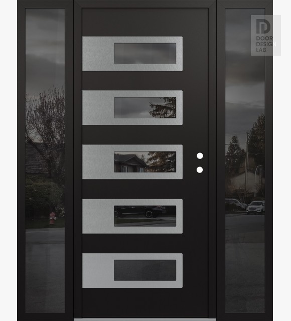Modern Steel Front Door Diamond D3 68" x 80" black/black mirrored Glass Panel stainless steel LHI with 2 Sidelites mirrored Glass