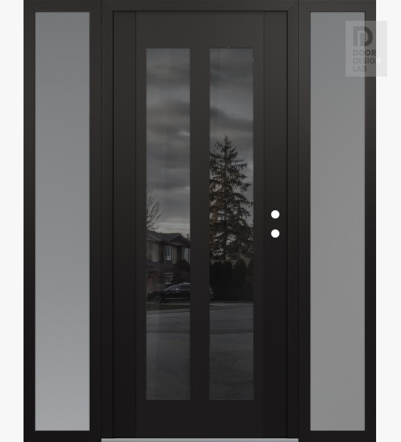 Modern Steel Front Door Diamond C14 64" x 80" black/black mirrored Glass Panel black LHI with 2 Sidelites frosted Glass