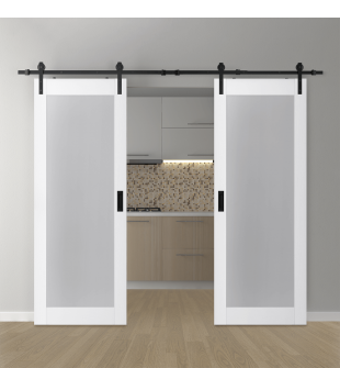 DOUBLE BARN DOOR PALLADIO 207 VETRO BIANCO NOBLE 48" X 84" X 1 9/16" TEMPERED FROSTED GLASS BLACK HARDWARE