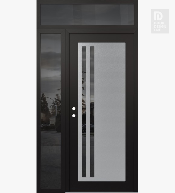Modern Steel Front Door Diamond C6 48" x 96" black/black mirrored Glass Panel stainless steel RHI with Sidelite and Transom mirrored Glass