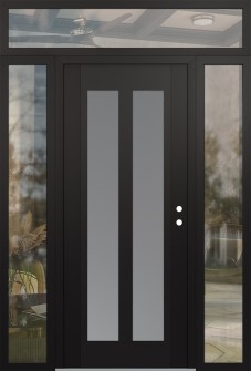Diamond C14 60" x 96" black/white frosted Glass Panel black LHI with 2 Sidelites and Transom clear Glass