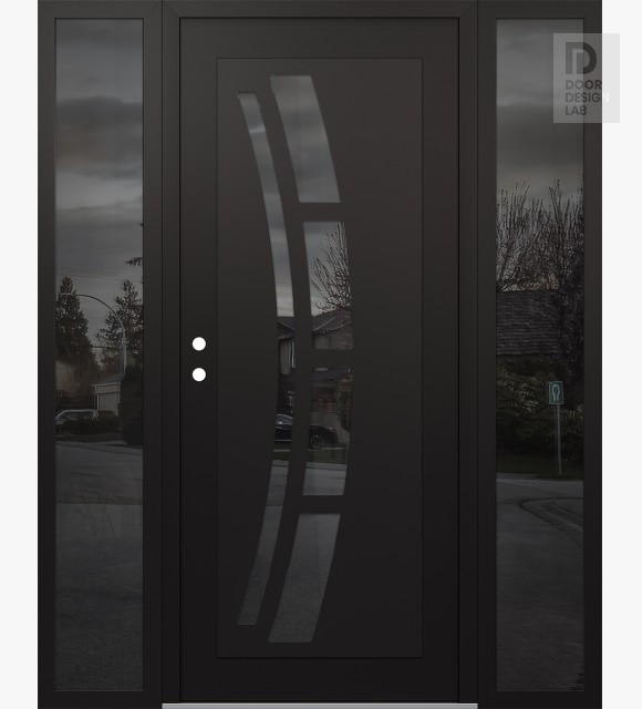 Modern Steel Front Door Diamond C12 64" x 80" black/black mirrored Glass Panel black RHI with 2 Sidelites mirrored Glass