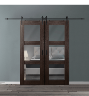 DOUBLE BARN DOOR AVON 3 LITE VETRO VERALINGA OAK 60" X 84" X 1 3/4" BLACK HARDWARE